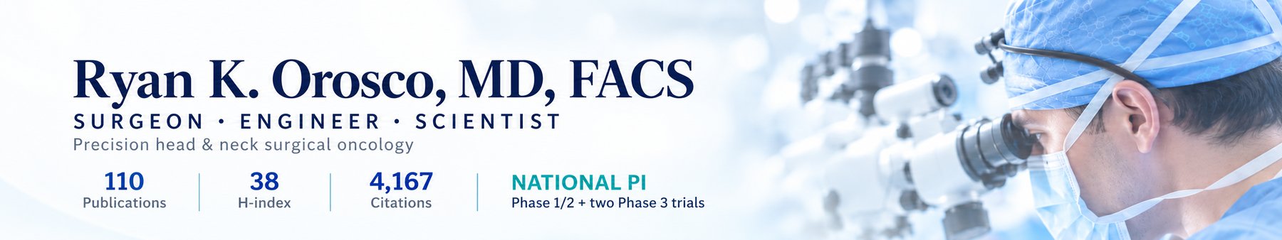Ryan K. Orosco, MD, FACS — surgeon, engineer, scientist. Precision head and neck surgical oncology. 110 publications, h-index 38, 4,167 citations; national PI of Phase 1/2 and two Phase 3 trials.